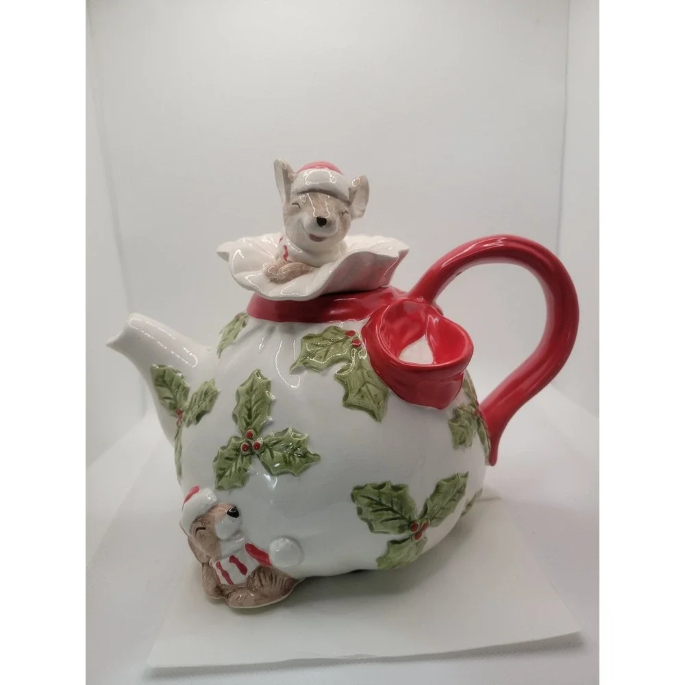 Vtg Omnibus Christmas Mice Holly Berry Ceramic Teapot Holiday Decor